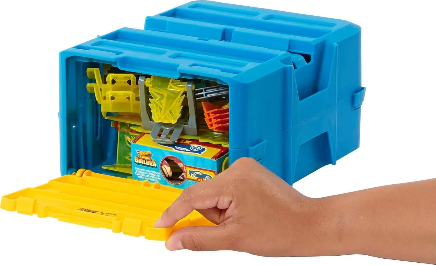 Hot Wheels Track Set with 1 Hot Wheels Car, 12 Track Boosting Components, Stackable Toy Storage Box, Lightning-Themed Track Builder Set for Kids Ages 5 