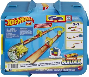 Hot Wheels Track Set with 1 Hot Wheels Car, 12 Track Boosting Components, Stackable Toy Storage Box, Lightning-Themed Track Builder Set for Kids Ages 5 