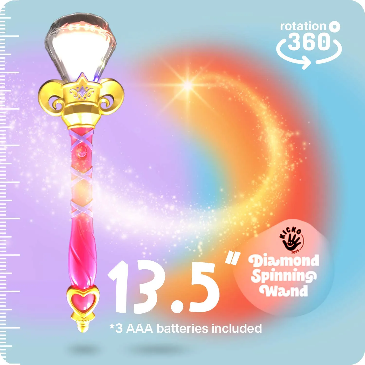 Kicko Light Up Magic Princess Wand - 14 Inch - 1 Pack - LED Spinning Diamond Magic Scepter