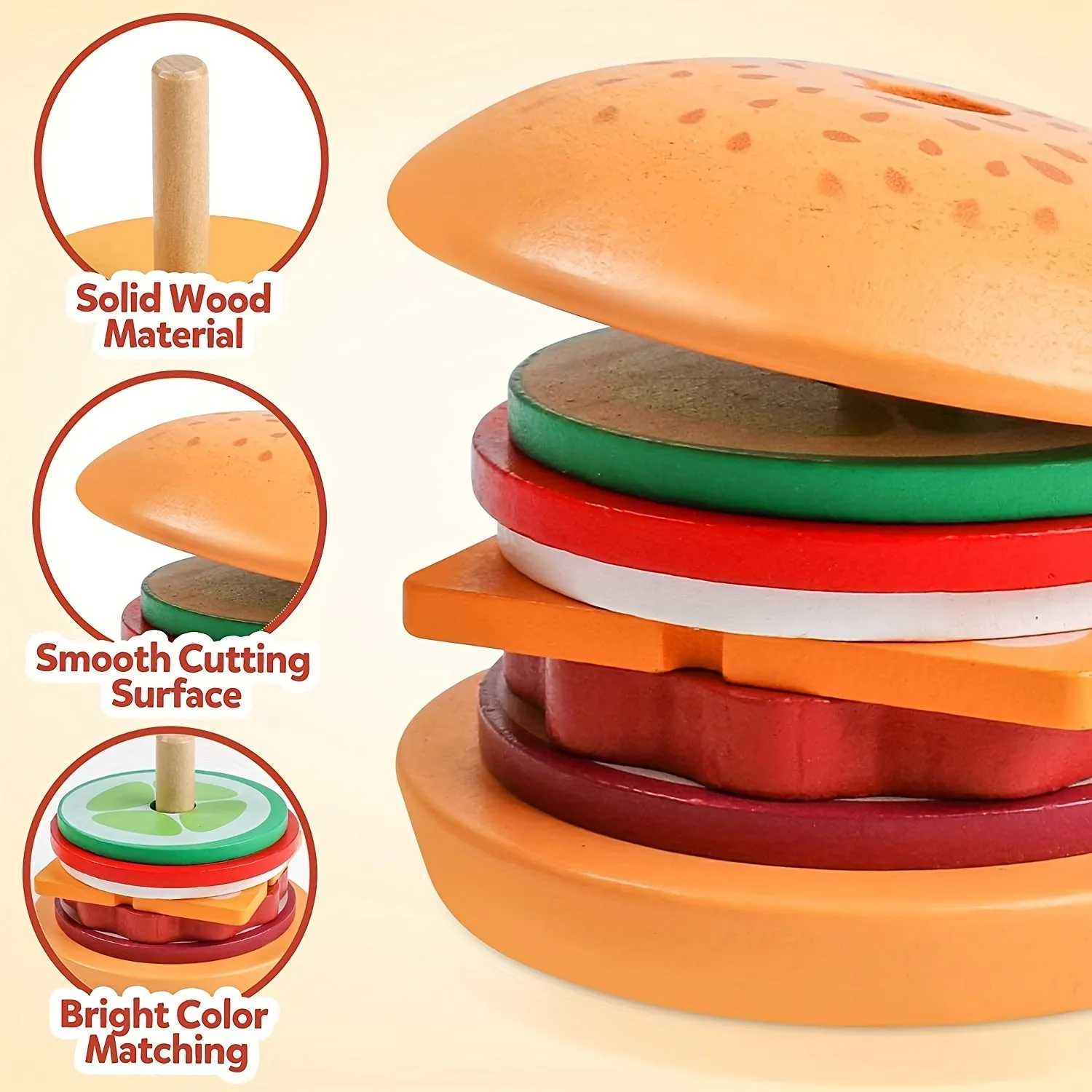 Montessori Burger Stacking Toys Fun Educational Wooden Burger Set