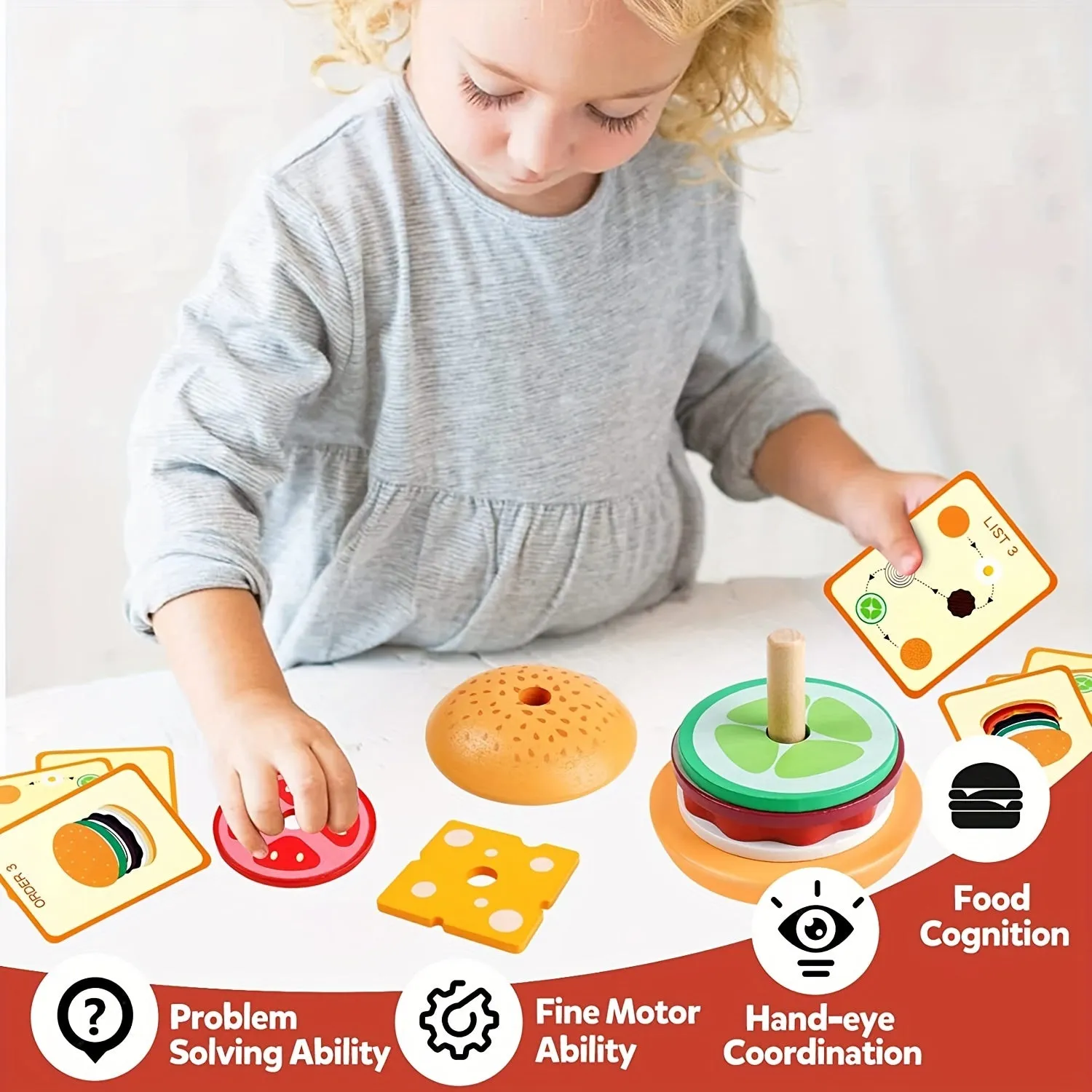 Montessori Burger Stacking Toys Fun Educational Wooden Burger Set