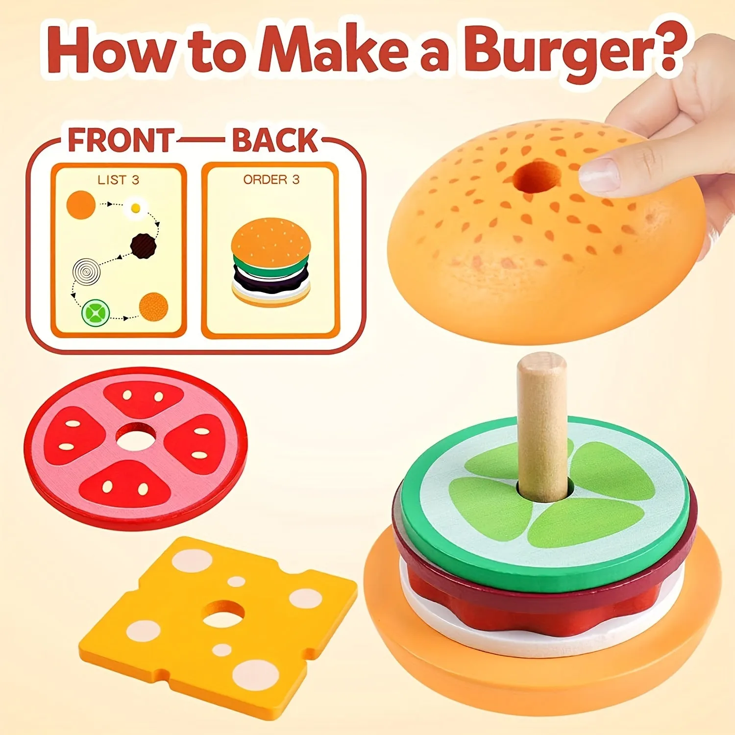 Montessori Burger Stacking Toys Fun Educational Wooden Burger Set