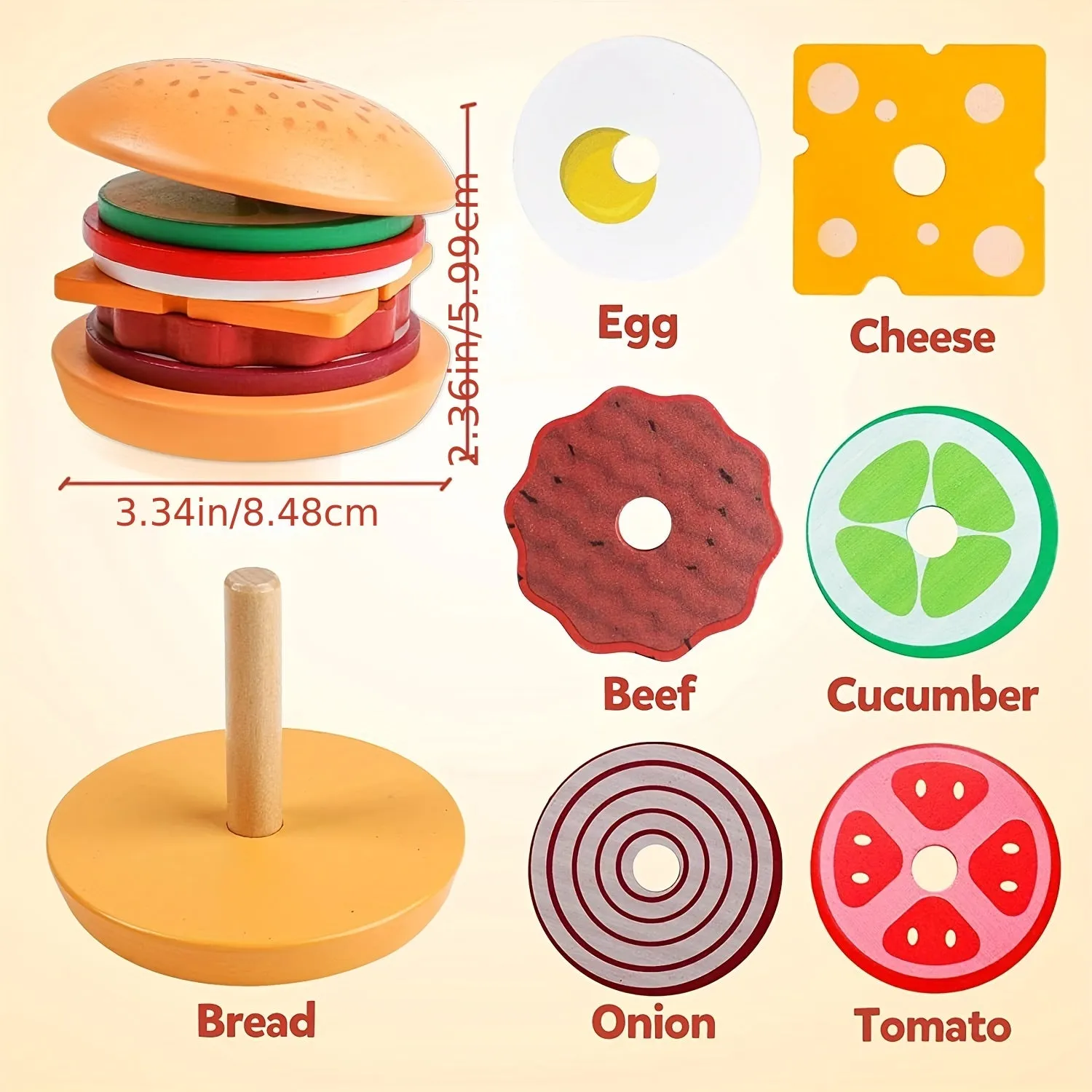 Montessori Burger Stacking Toys Fun Educational Wooden Burger Set