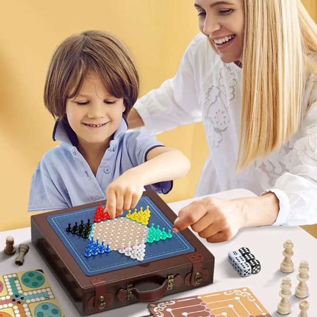 Multifunctional Chess Board in Wooden Case - 12-in-1 Set
